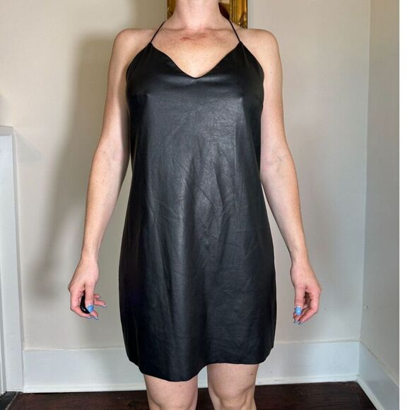 Lavendar Brown Moto Shift Dress in Black Pleather Size Medium - Picture 2 of 6